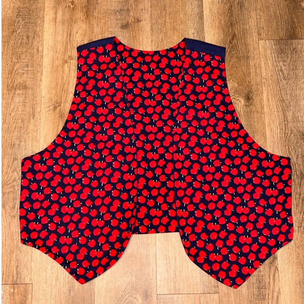 Vintage 90s Apple Print Reversible Vest Navy Red Teacher Core Whimsical Folk Art